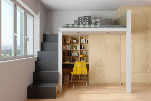 Modern Teen Room With Bunkbed, Study Desk, Bookshelf And Wooden Cabinet