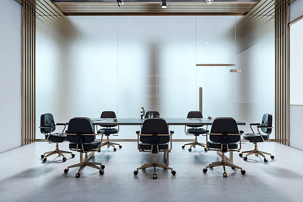 Empty modern conference room interior in realistic style on bright office background, concept of corporate workspace, 3D Rendering
