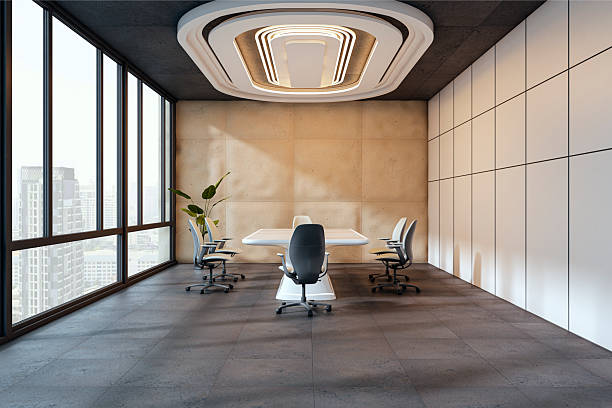 Luxury conference room with modern design, premium furniture, and city view through large windows. 3D Rendering