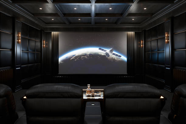 The interior of the private movie theater of a luxury mansion with leather recliners, built-in ceiling speakers and large projection screen.
(World map texture courtesy of NASA: https://visibleearth.nasa.gov/view.php?id=55167)